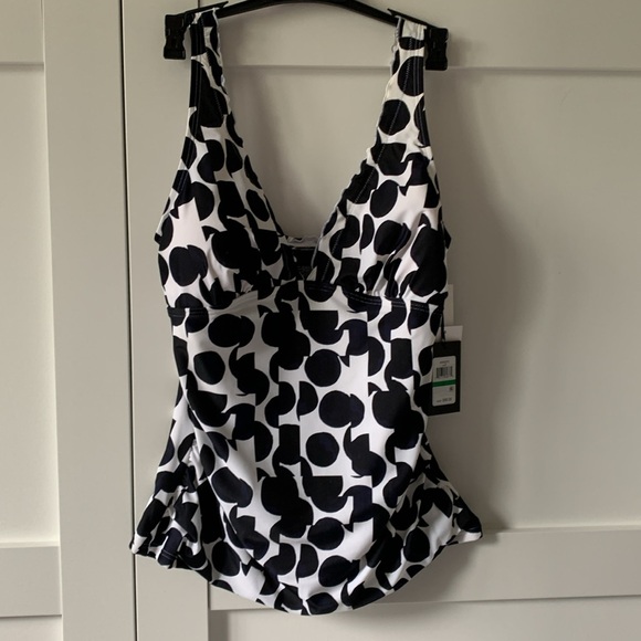 🌴🌴DKNY BLACK MULTI DOT Printed Ruffled Halter Tankini Top, US L🌴🌴 - Picture 4 of 7